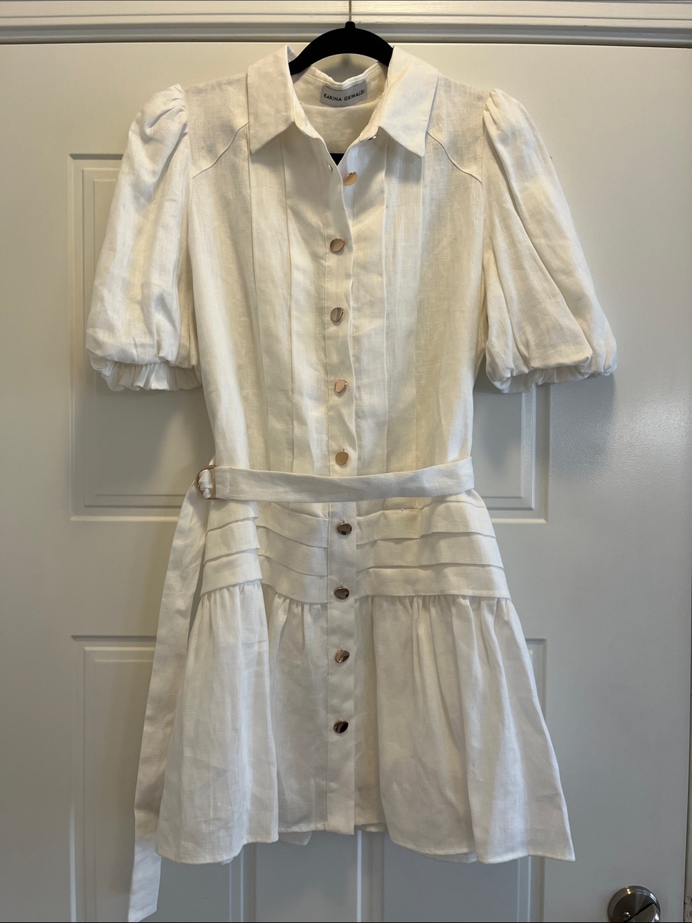 Karina Grimaldi Ivory Puff-Sleeve Button-Front Linen Dress